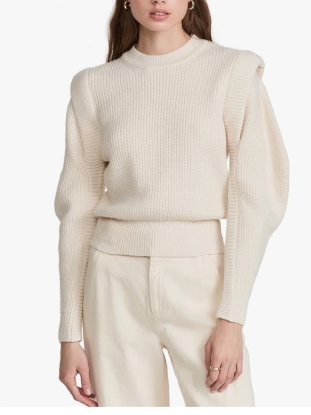 Astr Cream Ribbed Crewneck Sweater with Subtle Puff Shoulders